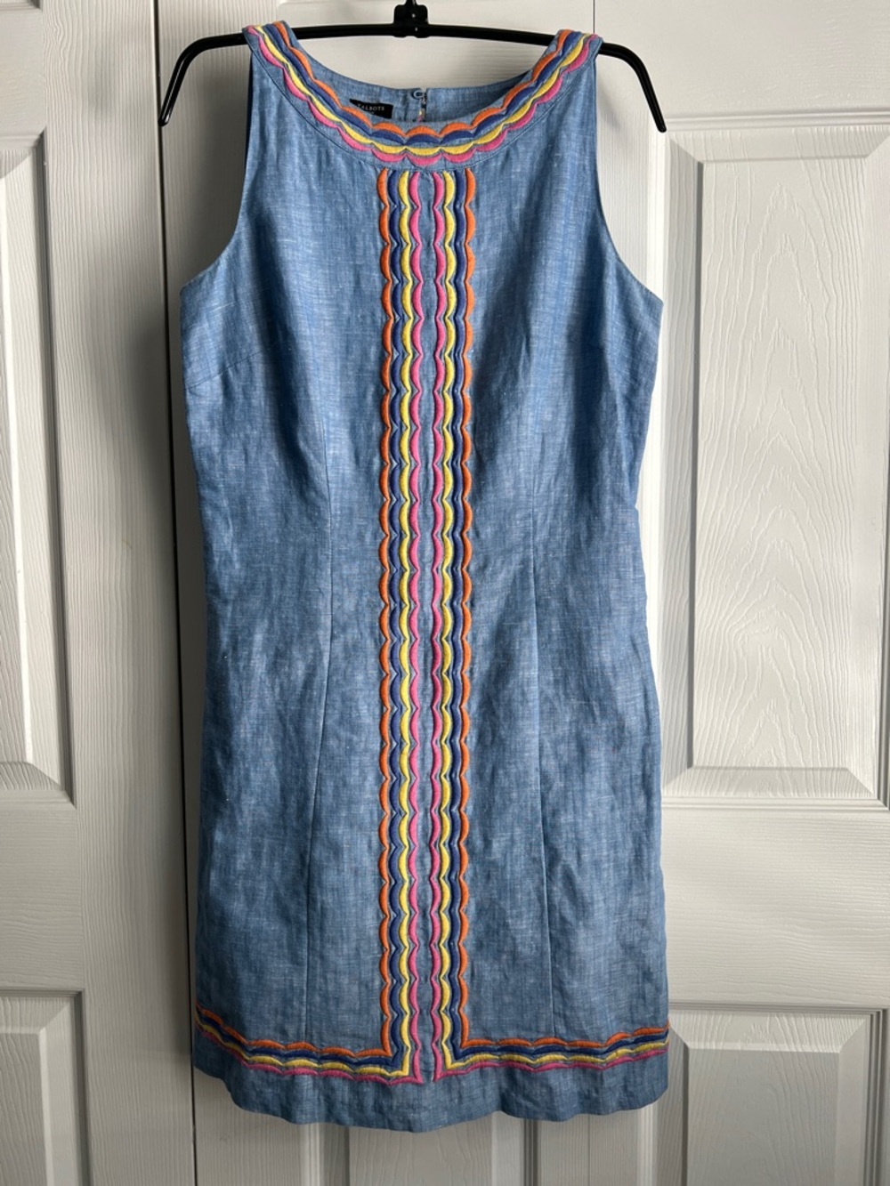 Talbots Blue Chambray Linen Sleeveless Shift Dress w/Scallop Detail Sz 2P